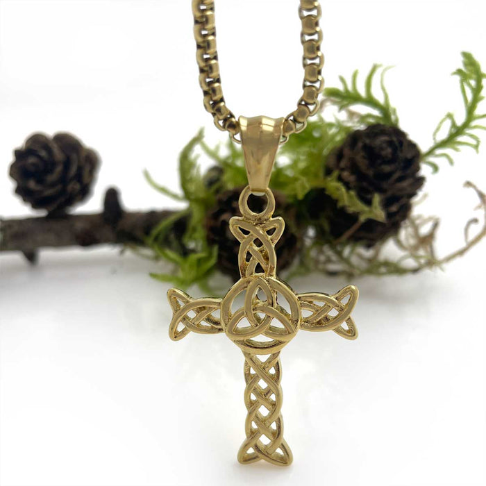18k Gold Coated Large Celtic Cross Necklace With Trinity Knot