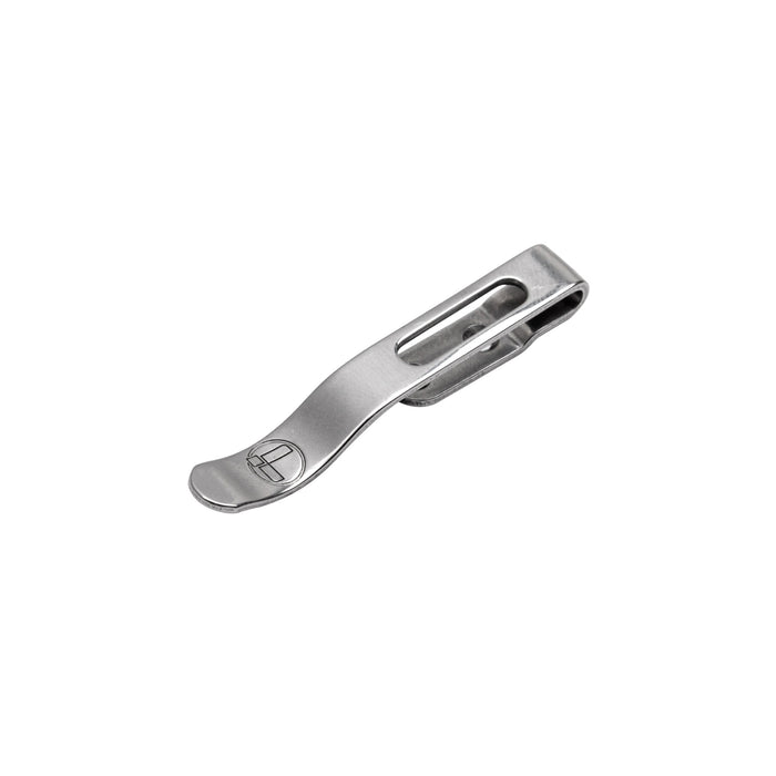 Leatherman two-screw pocket clip made of stainless steel displayed on a white background.
