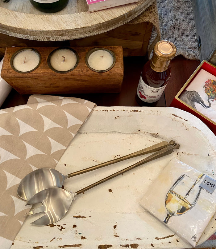 These are such beautiful serving pieces with a timeless look! You will be so proud to serve with these. It's a beautiful combination of silver and gold. Details: Color & Finish: Antique gold Item Dimensions: 14"L x 2.75"H Materials: Stainless steel