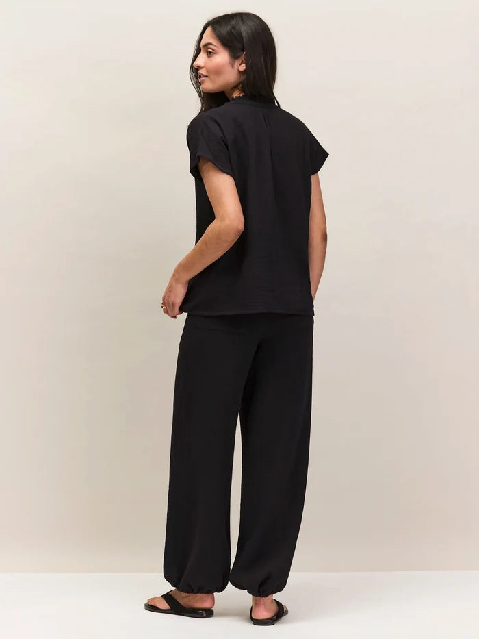 Black Cheesecloth Drawstring Cuff Trousers Cotton Resort