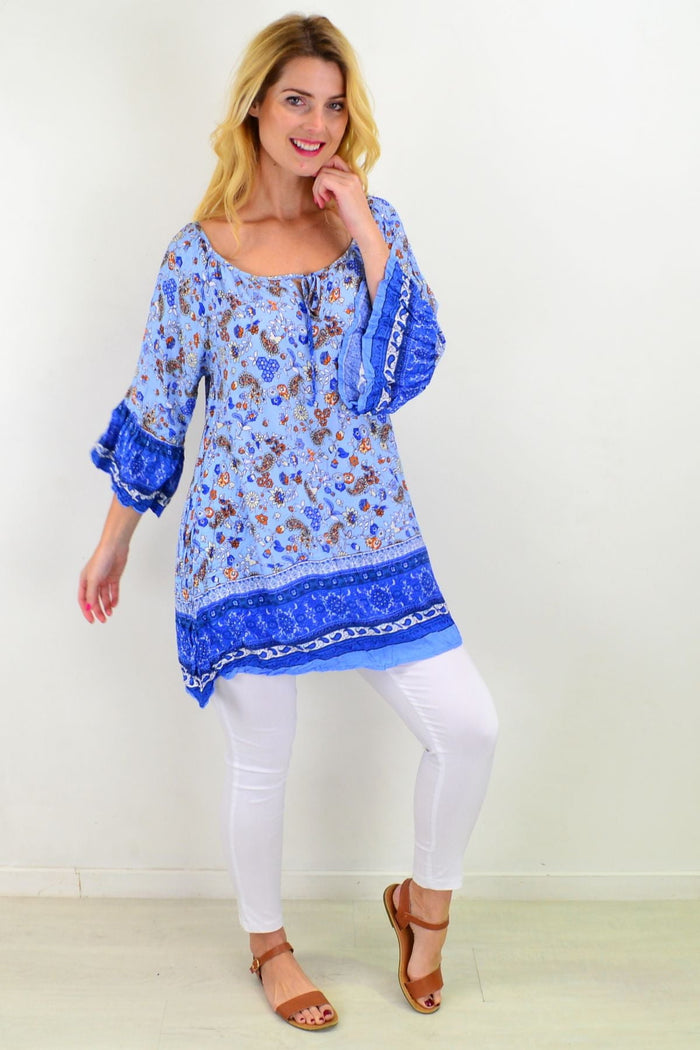 Blue paisley swing crinkle tunic top by Hourglass featuring a relaxed fit, lightweight fabric, and stylish summer design.