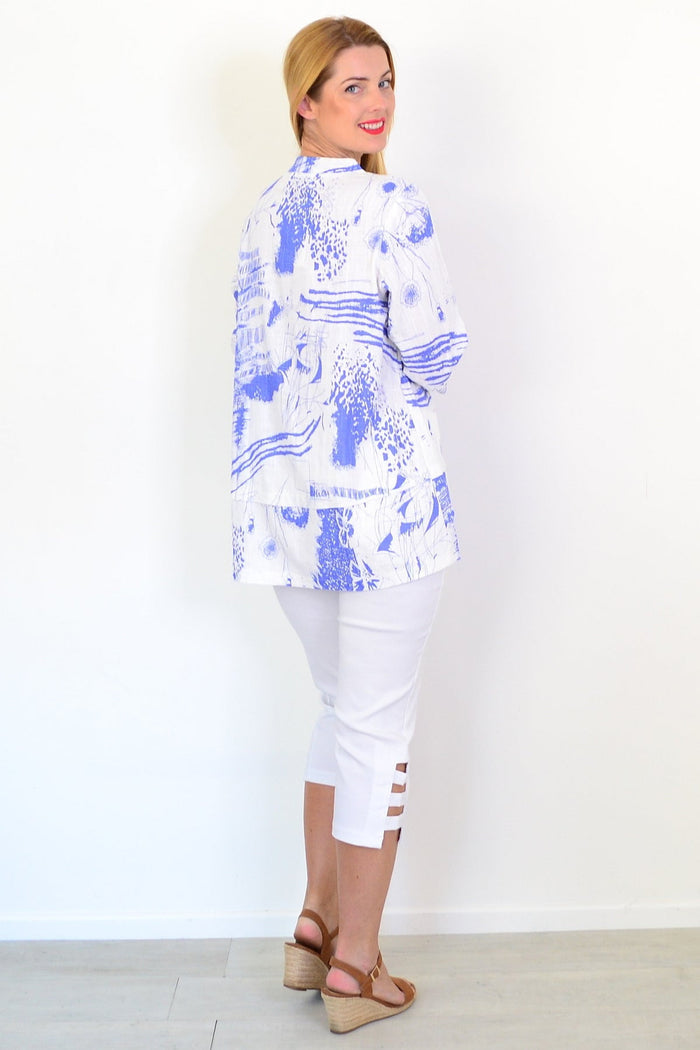 Blue Splash Linen Blend Tunic Top by Hourglass, featuring a relaxed fit with a vibrant blue and splash print design.