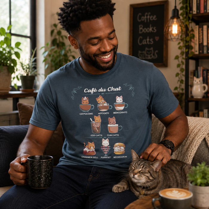 Premium Cotton T-shirt_TeeTurtle Cafè Du Chat denim blue t-shirt featuring a menu titled "CafÊ du Chat" featuring cats in different beverages and desserts: Catpuccino, Affogato, Mewcchiato, Iced Catte, Chai Catte, Cinnamew Roll, Purrfait, and Meowcaron.