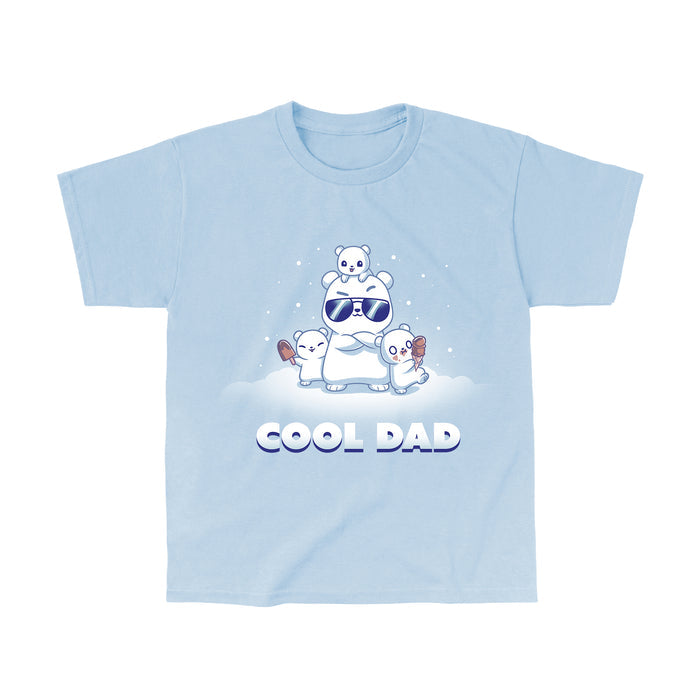 Classic Cotton T-shirt_TeeTurtle light blue Cool Dad (Polar Bear) apparel featuring a dad polar bear with sunglasses and his arms crossed, two of his cubs holding frozen desserts, one cub perched on top of his head with snow falling around them, and the caption, "Cool Dad".