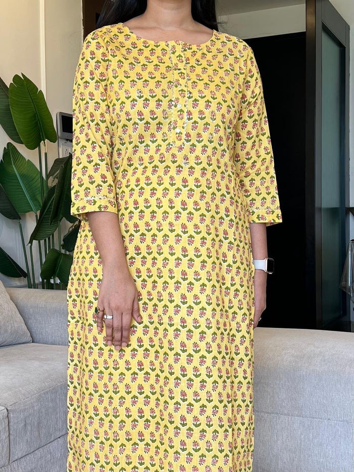 Gota Cotton Kurta- Pastel Yellow Booti