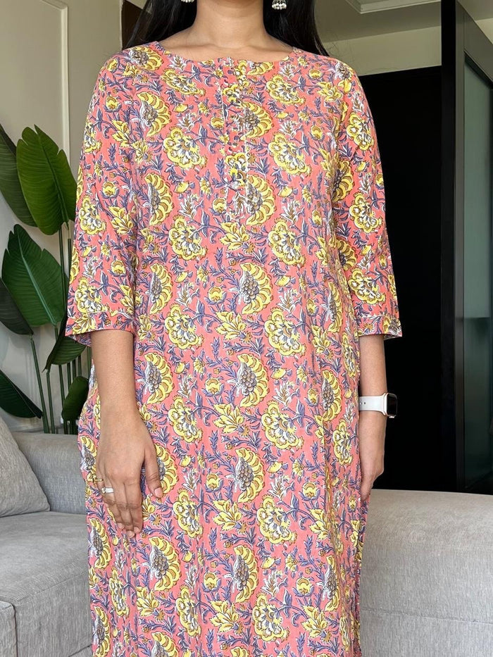 Gota Cotton Kurta- Pink Jaal