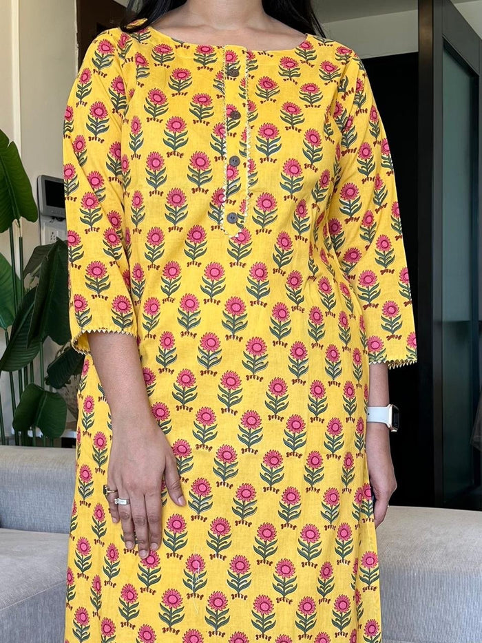 Gota Cotton Kurta- Yellow Phool