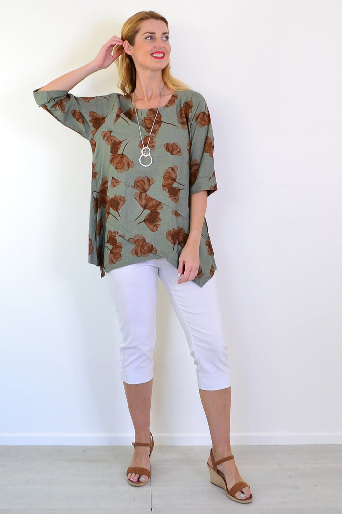 Khaki brown flower linen blend tunic top by Ruby Rain, featuring a flowy silhouette and floral pattern on lightweight fabric.