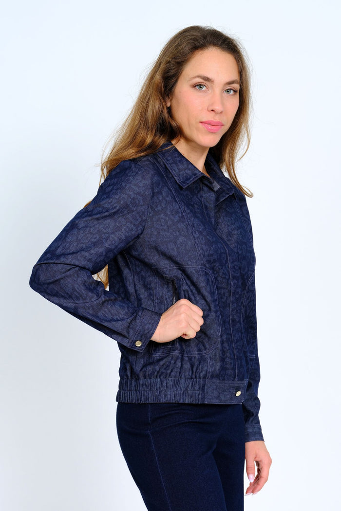 LIOR Navy Embossed Animal Print Jacket With Roll Tab Sleeves - "Clover"