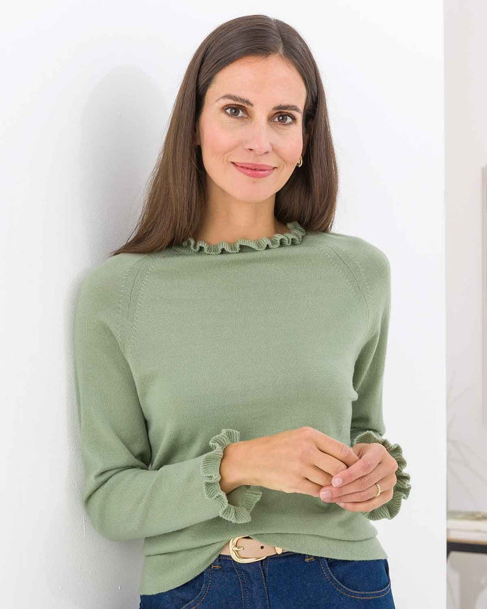 Merino Ruffle Jumper - Sage - The Classic Boutique