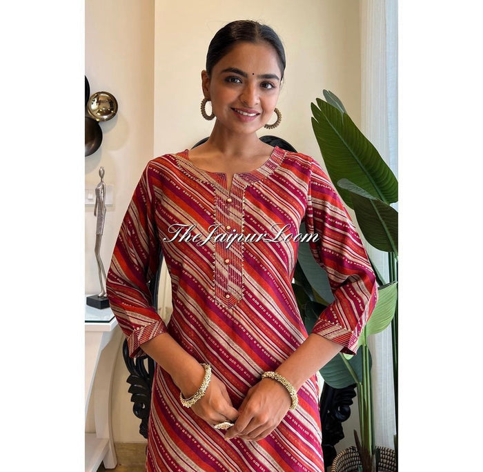 Muslin Silk Leheriya Kurta- Maroon
