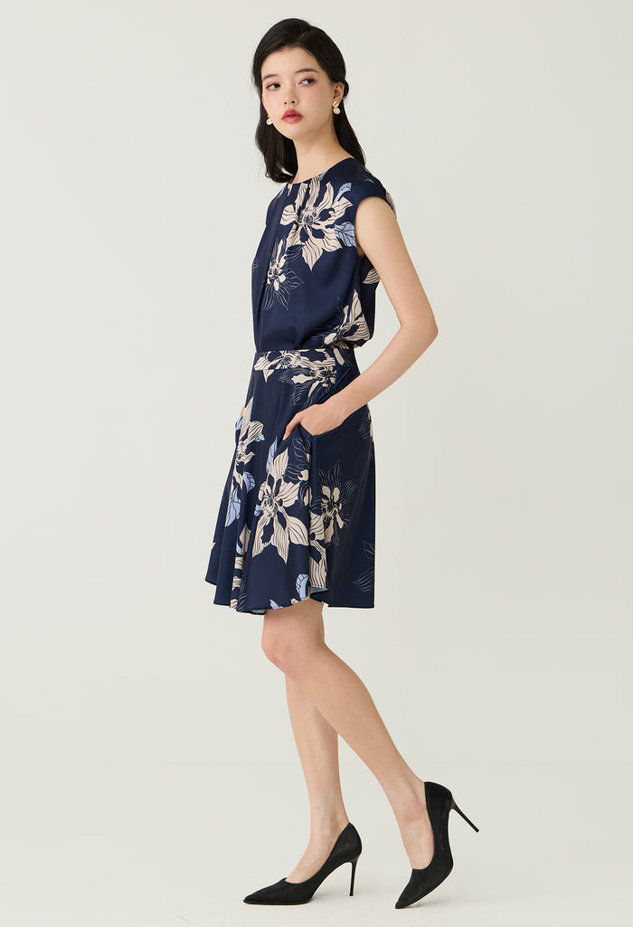 Navy Floral Printed Layered Pleat Blouse