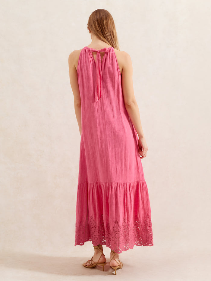 Petite Pink Broderie Hem Cheesecloth Maxi Dress