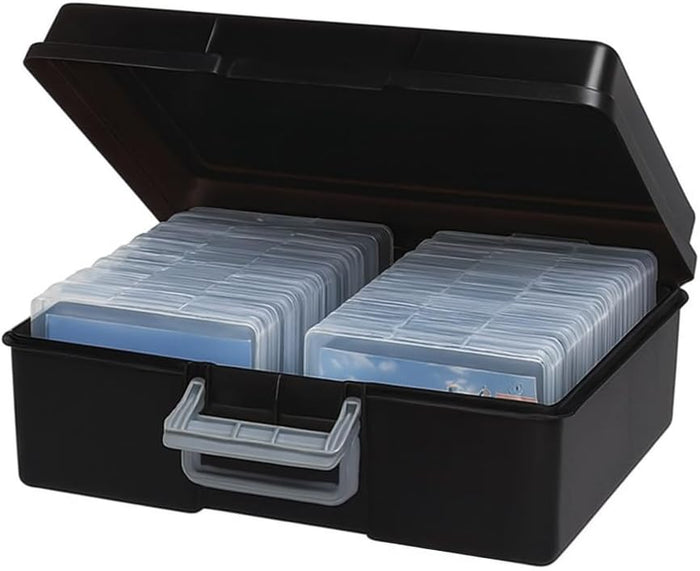 Black storage case with transparent compartments on a white background
