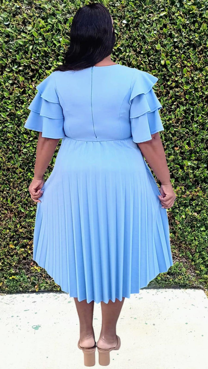 Plus Size double Ruffled Sleeves Pleated Flare Midi Dresses