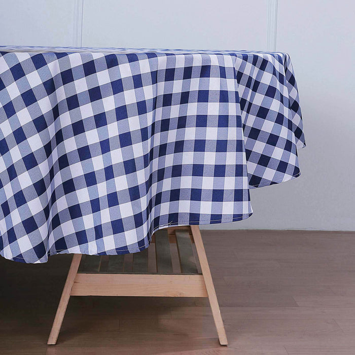 Blue and white checkered tablecloth draped over a wooden table.