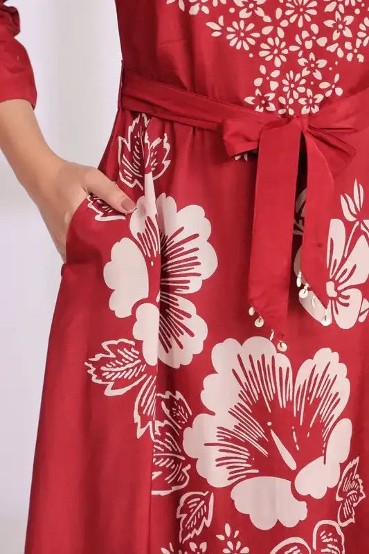 Red Floral Midi Dress Russian Silk with Belted Waist