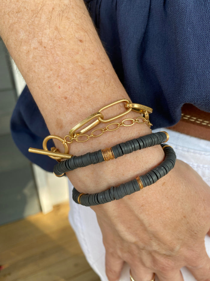 rubber and gold bracelets with gold chains, set of three bracelets,