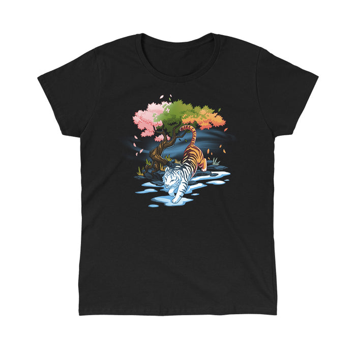Classic Cotton T-shirt_TeeTurtle black Season Keeper apparel featuring a majestic tiger. The front half of the tiger is white and is stepping into winter, and snow, while the back half is orange. It is walking under a tree with different color leaves representing spring, summer, and fall.