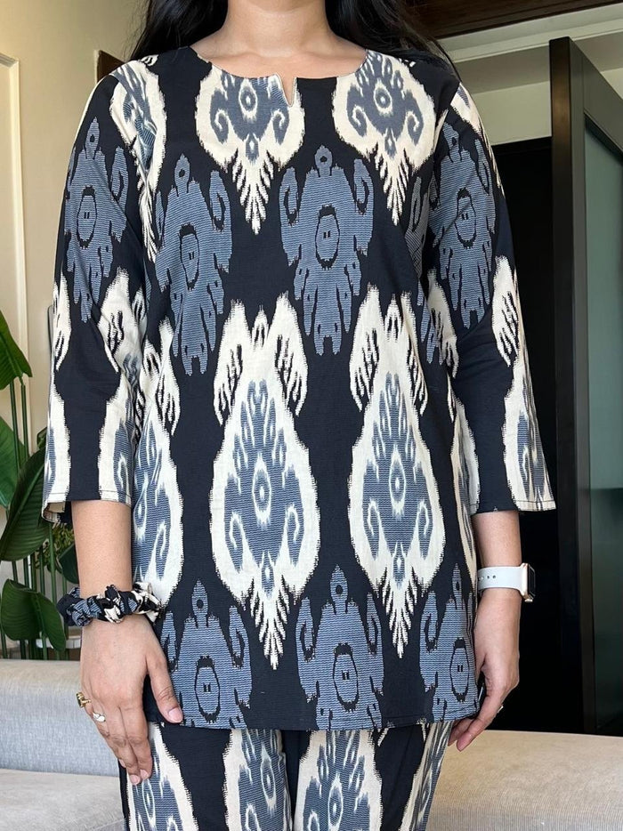 Sia Cotton Lounge Set- Black Ikkat