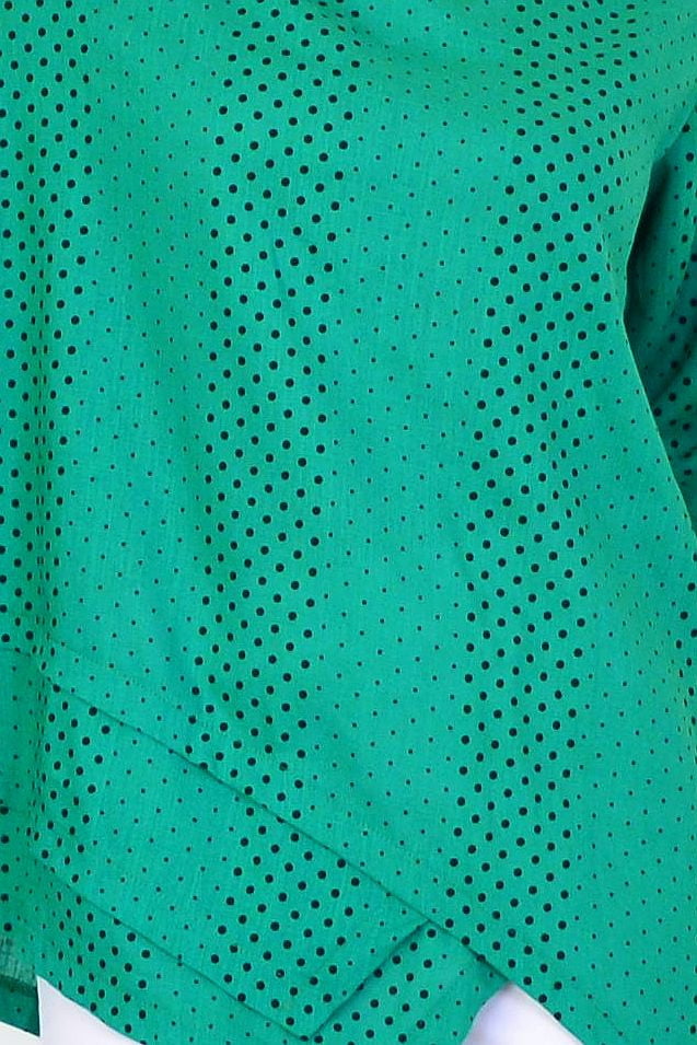 Spotted green linen blend tunic top by Ruby Rain, featuring a relaxed fit with a round neckline and short sleeves.