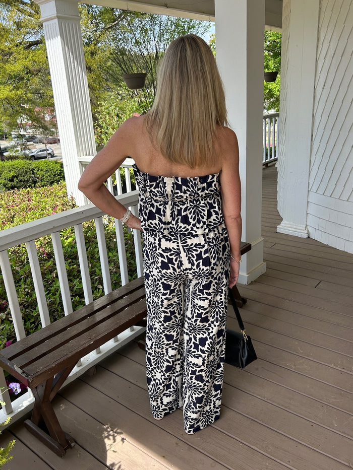 Strapless Wide Leg Print Pantsuit in Blue & White Print