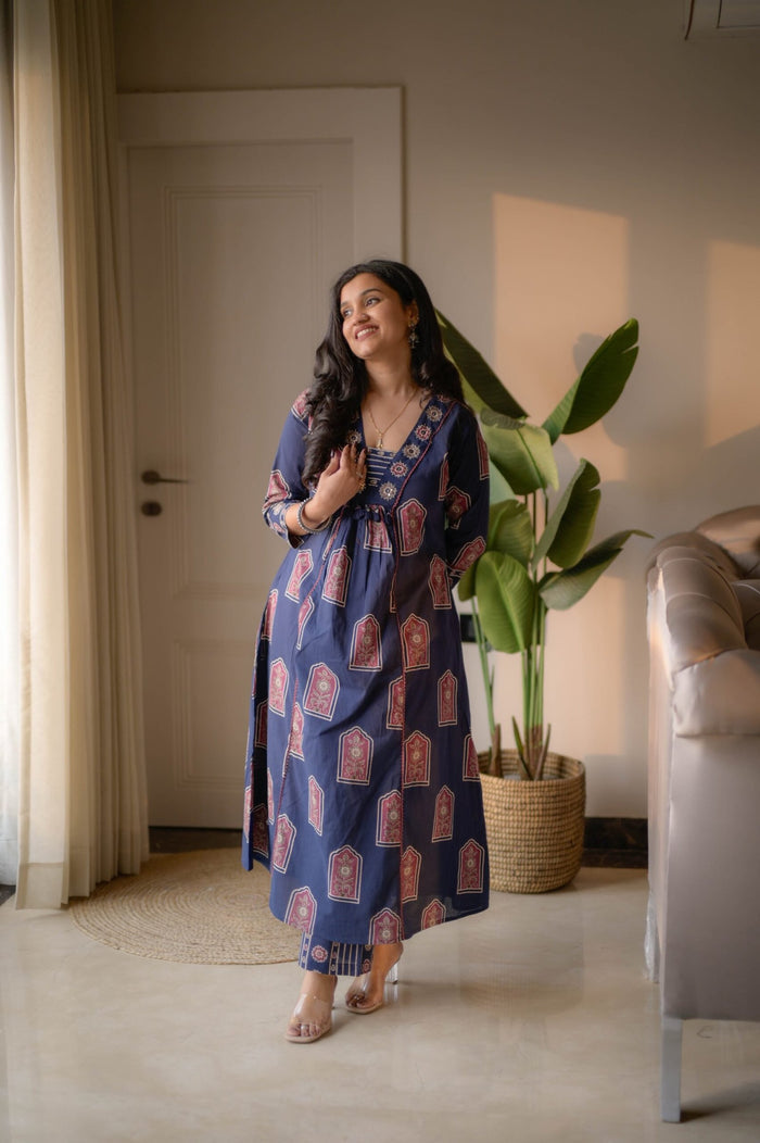 Taraya Flared Printed Cotton Suit- Blue