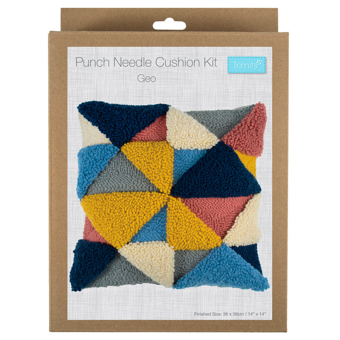 Trimits Punch Needle Kit Cushion: Geo, 36x36cm, Includes Punch Needle Tool, Yarn, Fabric, Cushion Back, Instructions in English, French...