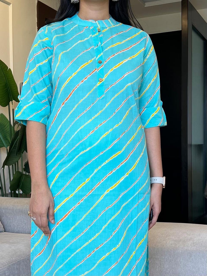 Weekend Cotton Leheriya Kurta- Blue