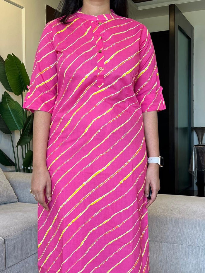 Weekend Cotton Leheriya Kurta- Pink