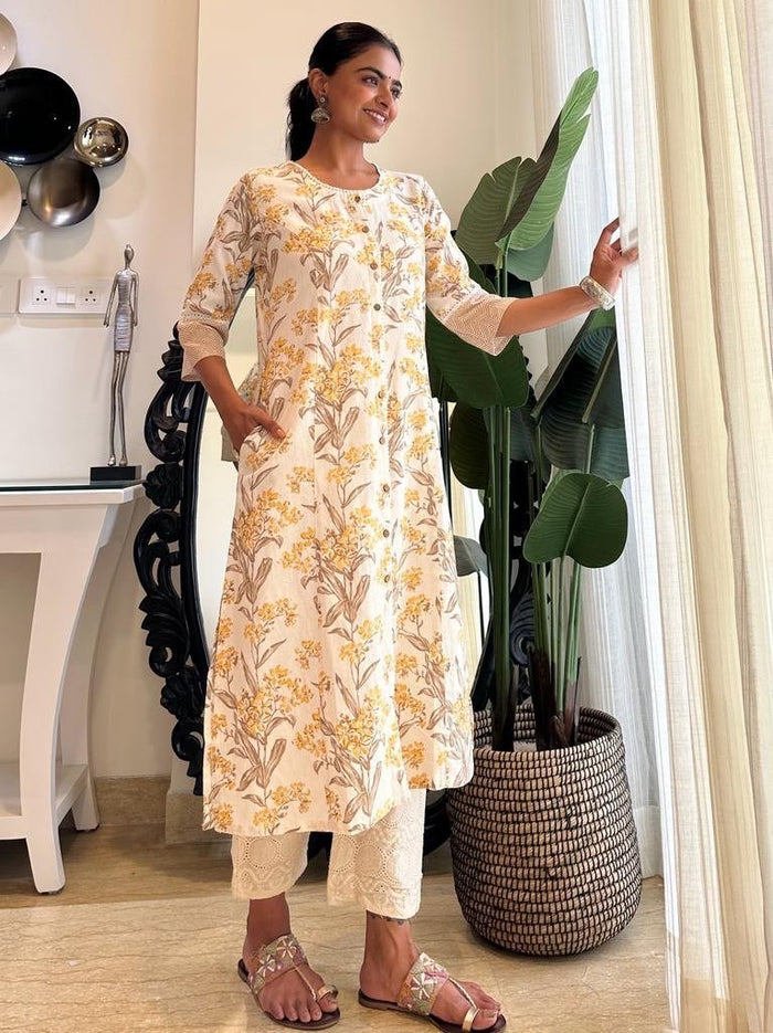 Yellow Floral Fancy A-line kurta