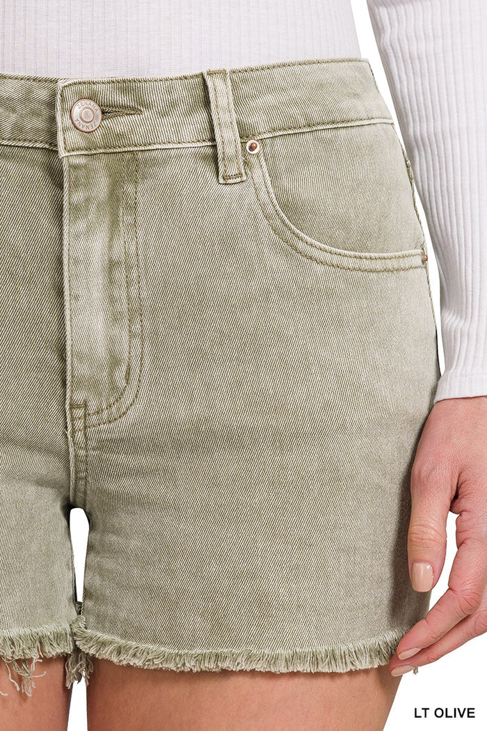 Zenana Acid Washed Frayed Hem Mid Rise Shorts