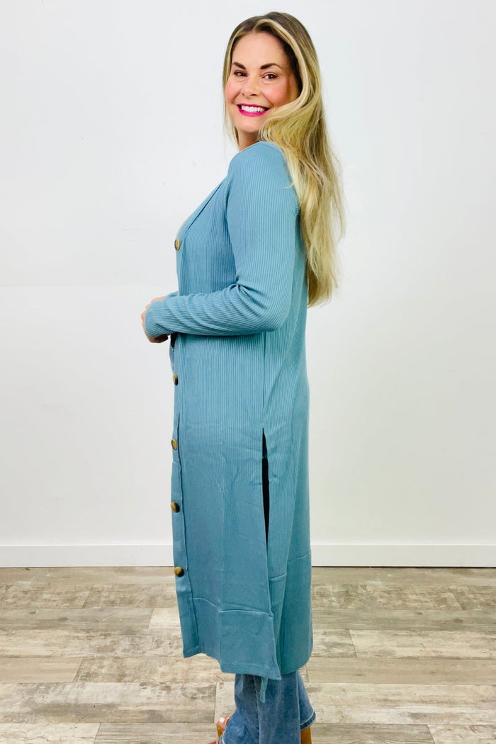 Zenana Button Down Solid Ribbed Long Cardigan Blue Grey