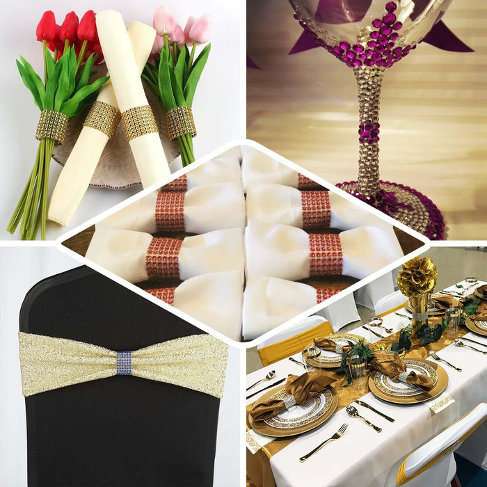 Elegant table decor with napkin rings, glass embellishments, and floral arrangements.