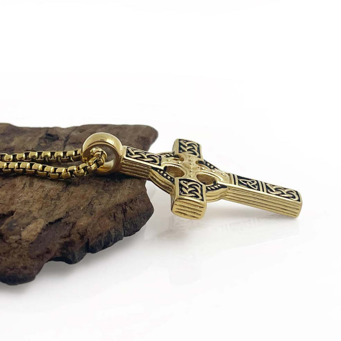 18k Gold Coated Heavy Celtic Cross Necklace Double Sided