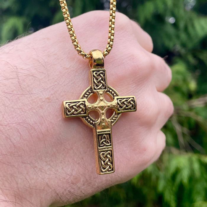 18k Gold Coated Heavy Celtic Cross Necklace Double Sided