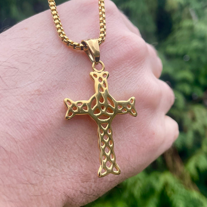 18k Gold Coated Large Celtic Cross Necklace With Trinity Knot