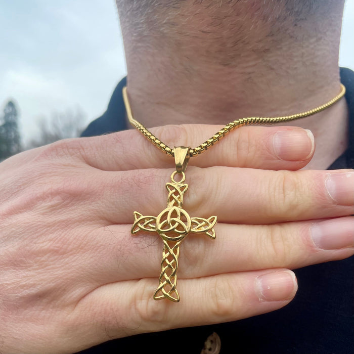 18k Gold Coated Large Celtic Cross Necklace With Trinity Knot