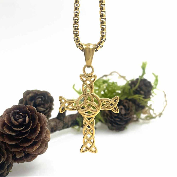 18k Gold Coated Large Celtic Cross Necklace With Trinity Knot