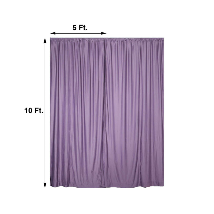 Purple curtain measuring 5 ft by 10 ft on a white background.