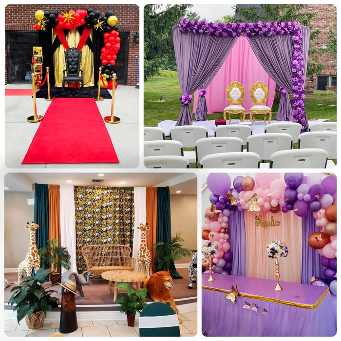 Decorative event backdrops with themed elements and seating arrangements.