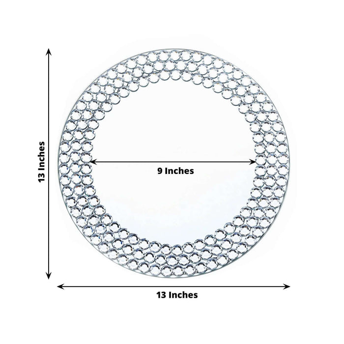 Round decorative mirror with intricate beaded border, 13 inches in diameter.
