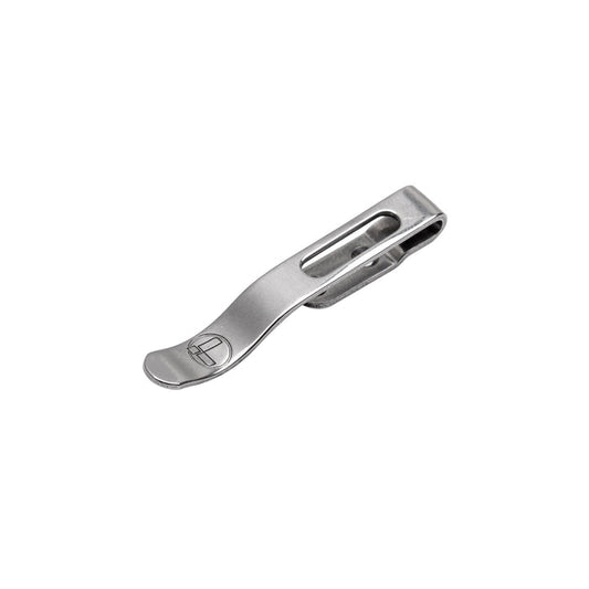 Leatherman two-screw pocket clip made of stainless steel displayed on a white background.