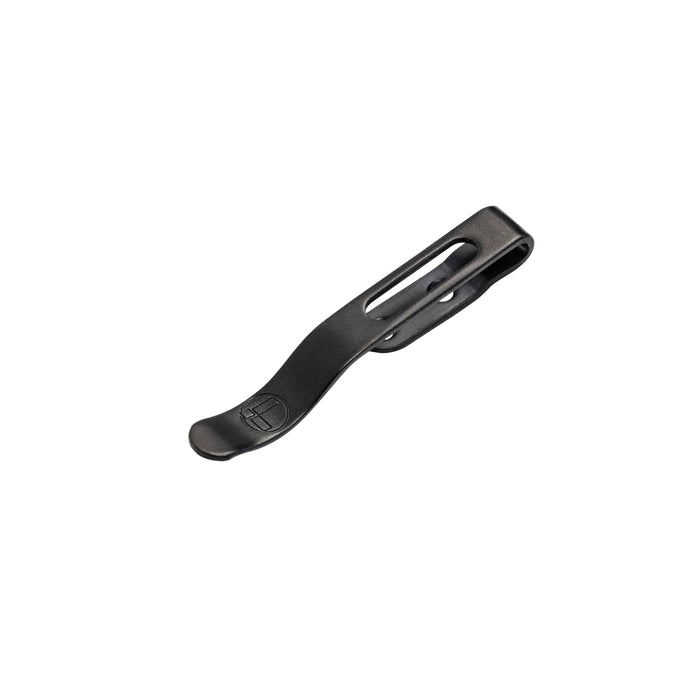 Black Leatherman pocket clip for FREE, Arc, or Bond tools, includes secure attachment features for convenient carrying.