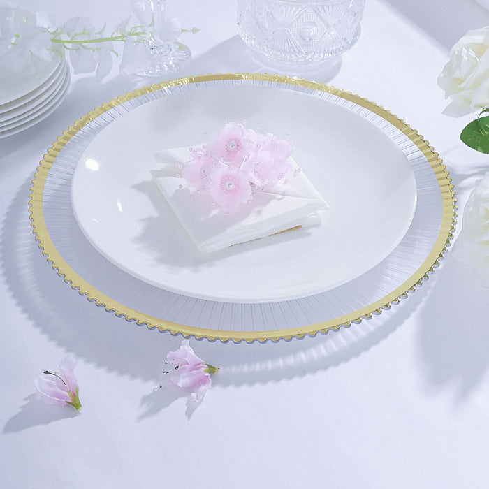 Elegant white serving plate with gold rim and decorative napkin.