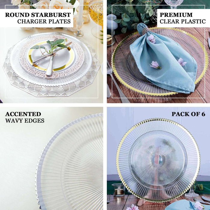Round starburst charger plates in pack of 6, featuring premium clear plastic design.