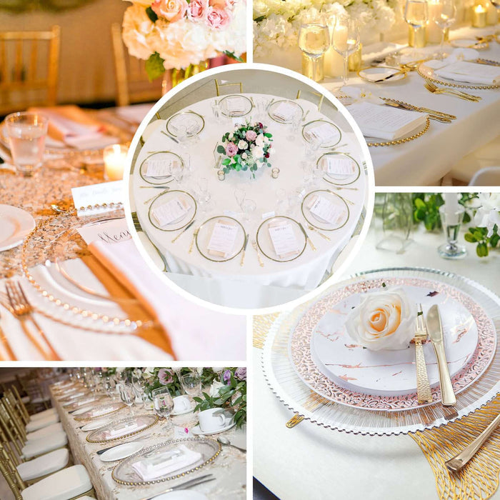 Elegant wedding table settings with floral centerpieces and decorative tableware.