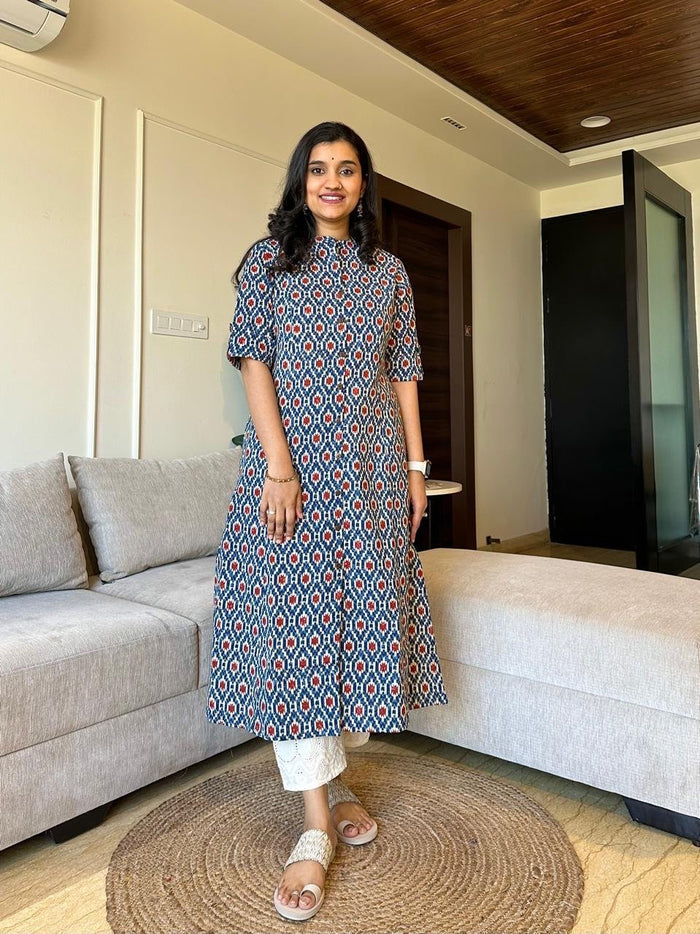 A-line Cotton Kurta- Blue Ikkat