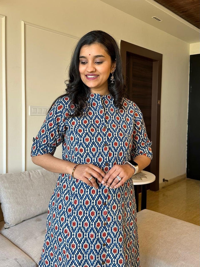 A-line Cotton Kurta- Blue Ikkat