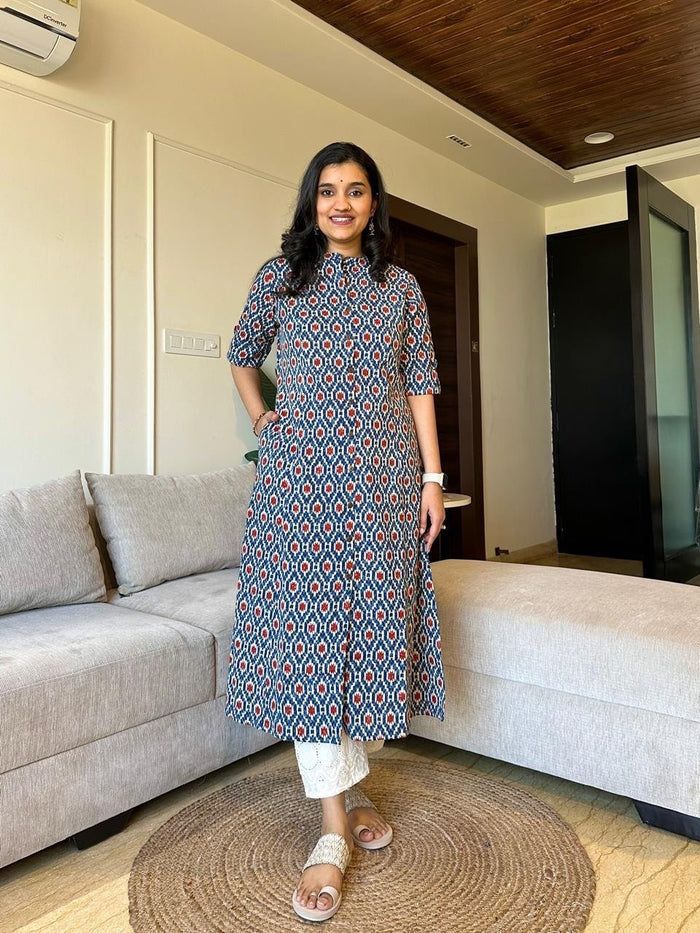 A-line Cotton Kurta- Blue Ikkat